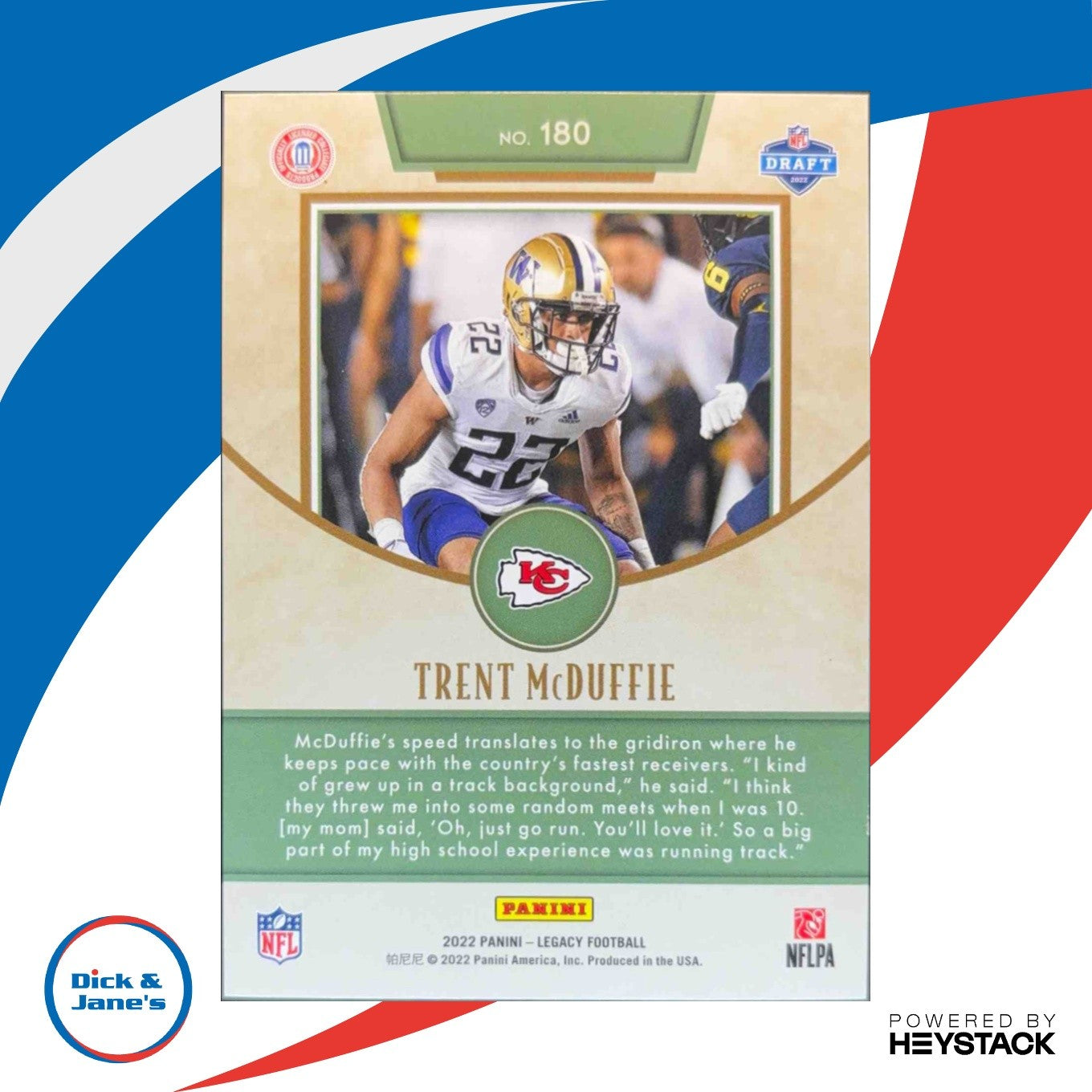 2022 Panini Legacy Trent McDuffie Indigo Blue 01/25 #180 RC Kansas City Chiefs