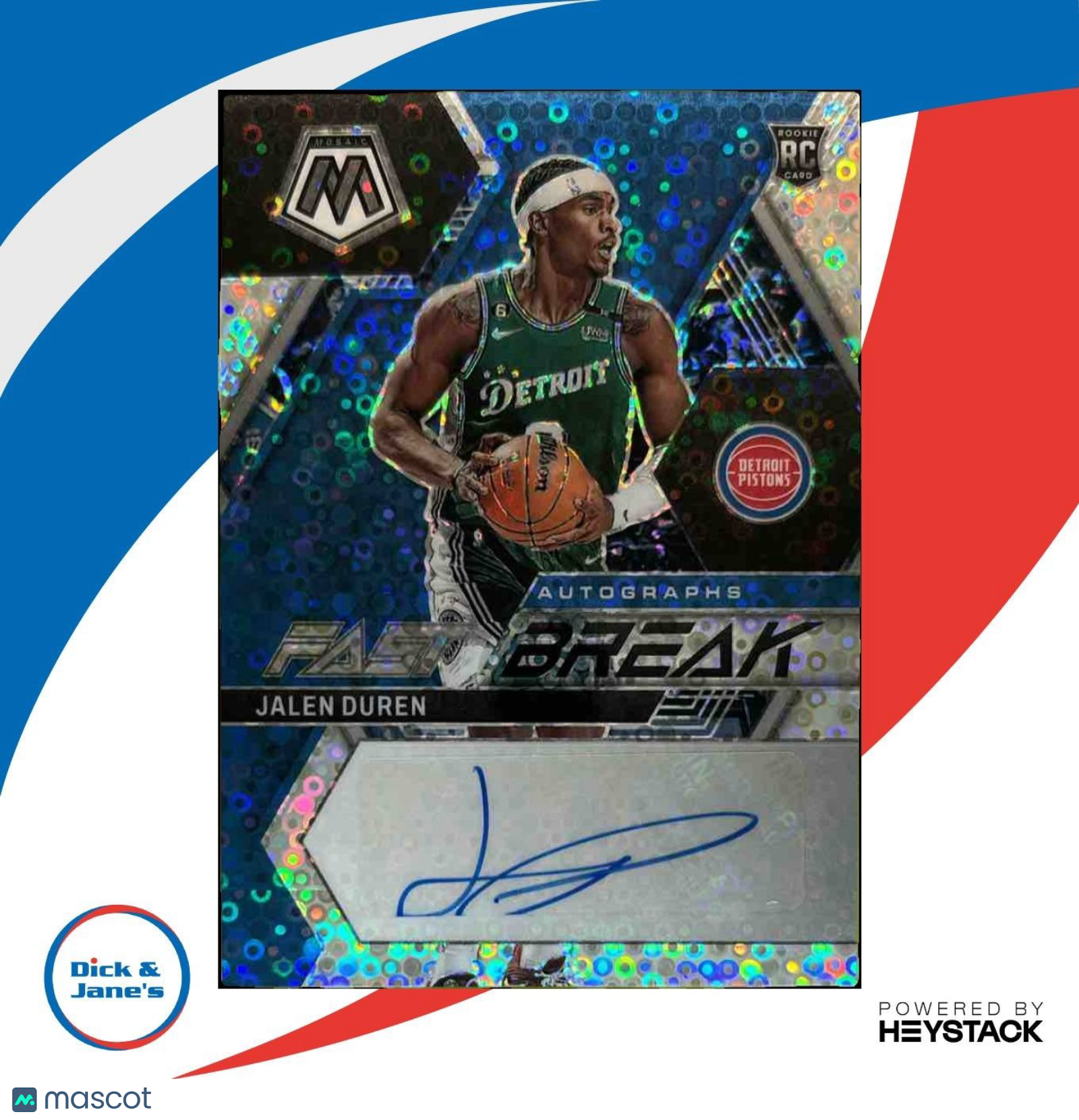 2022-23 Panini Mosaic Jalen Duren Auto Fast Break Blue RC Detroit Pistons