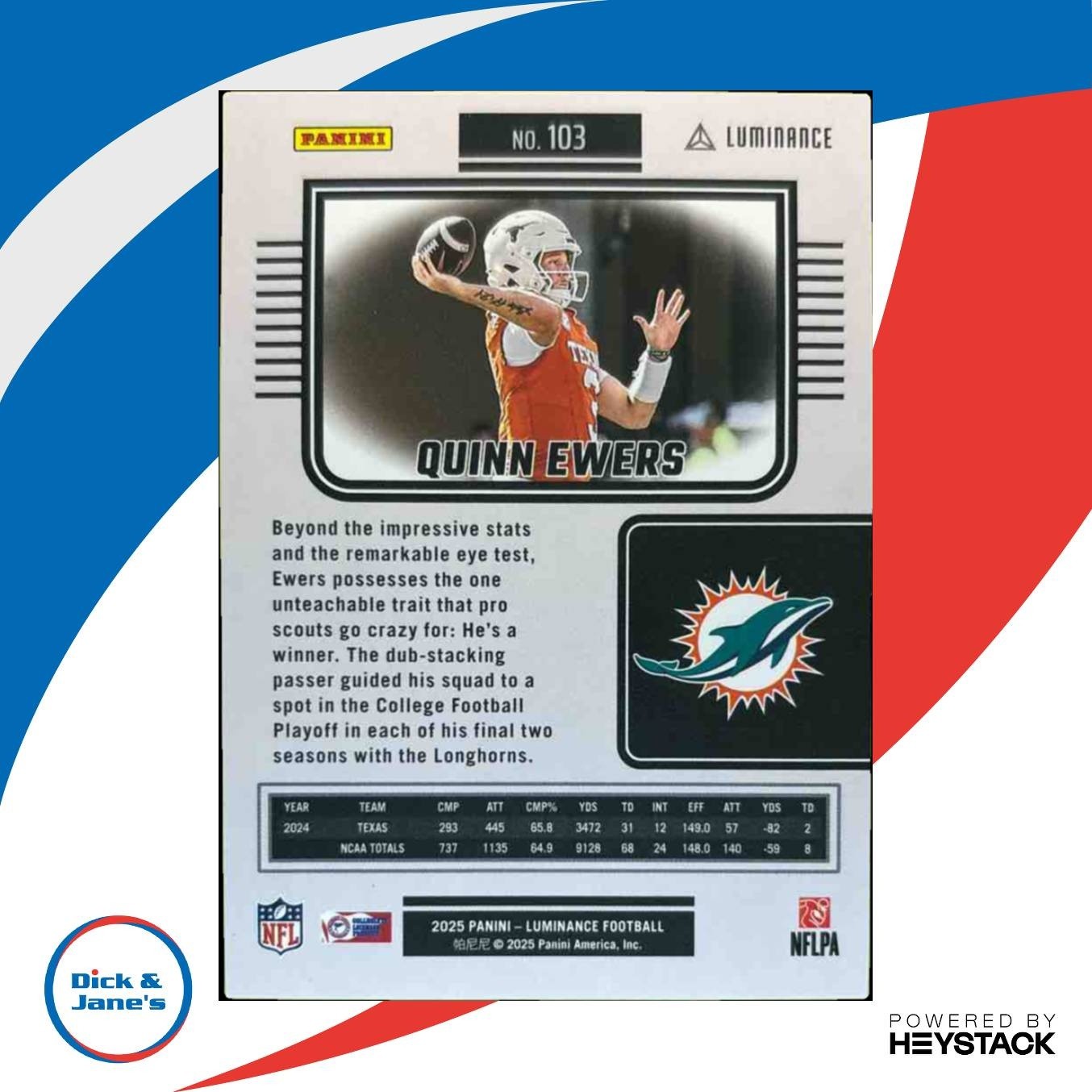 2025 Panini Luminance Quinn Ewers Vivid /10 #103 RC Miami Dolphins