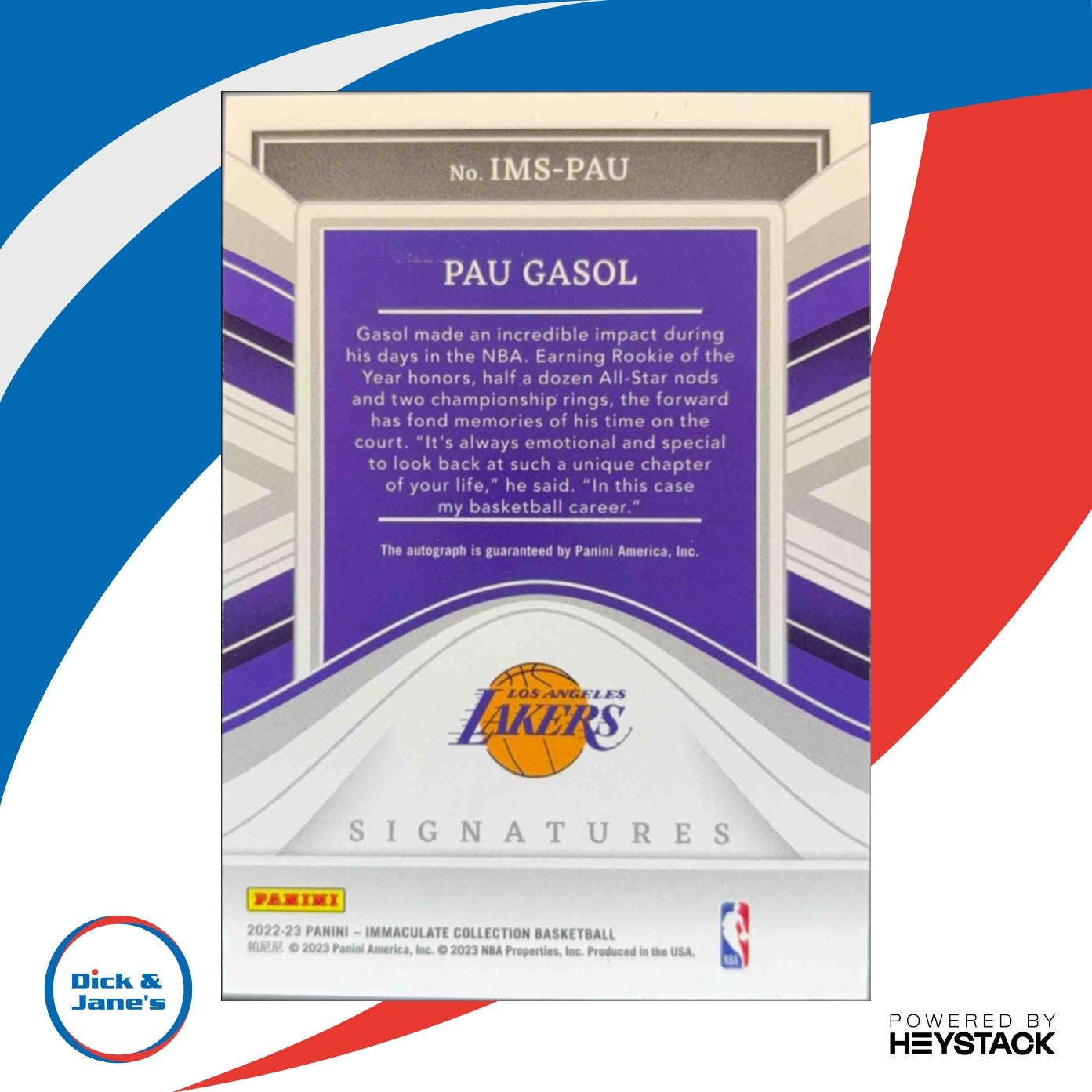 2022-23 Immaculate Collection Pau Gasol Signatures /75 Auto Los Angeles Lakers