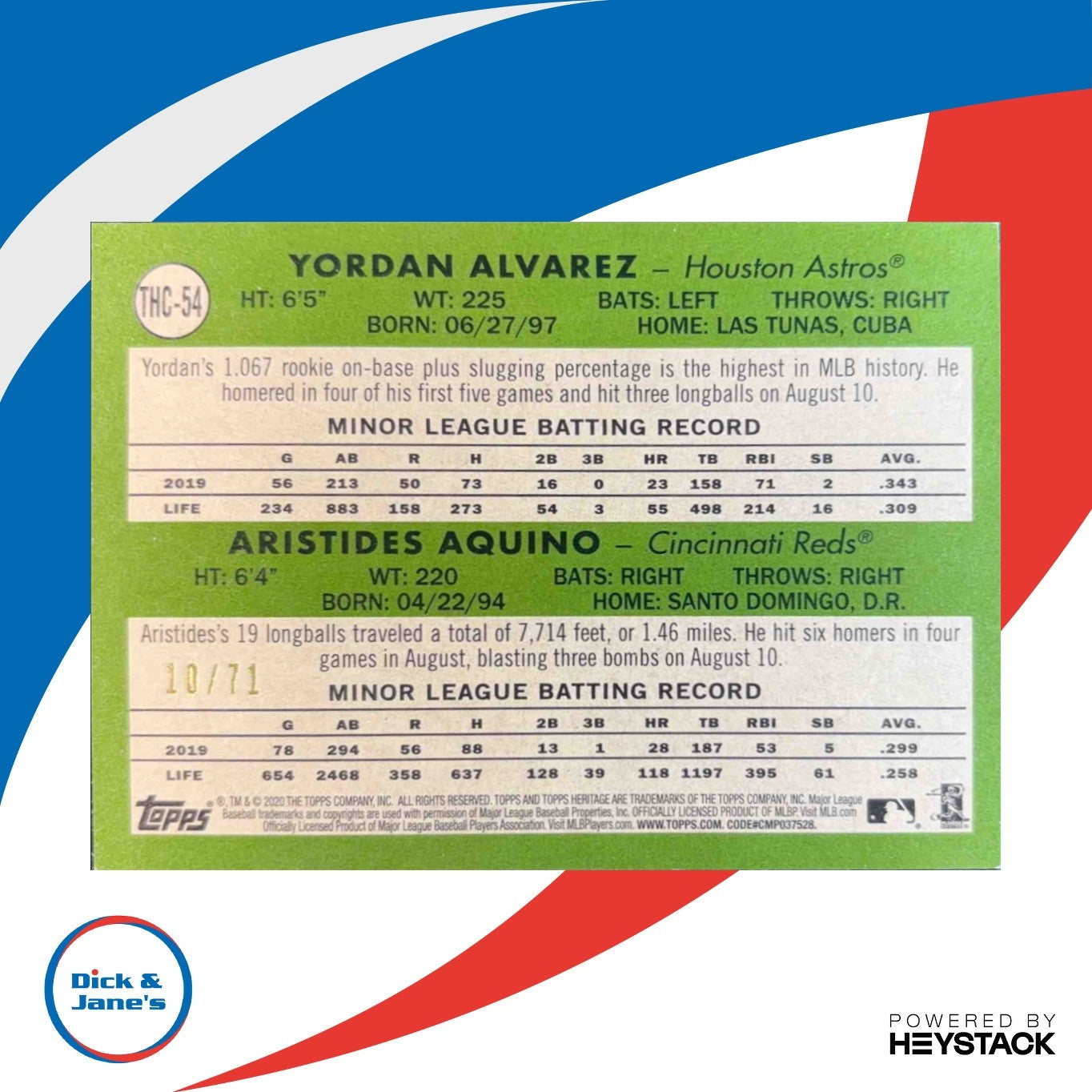 2020 Topps Heritage Aristides Aquino Yordan Alvarez Chrome White Refractor 10/71