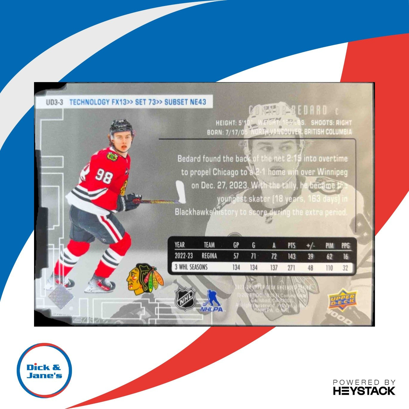 2023-24 Upper Deck Extended Series Connor Bedard 1998-99 UD3 RC Chicago Rookie