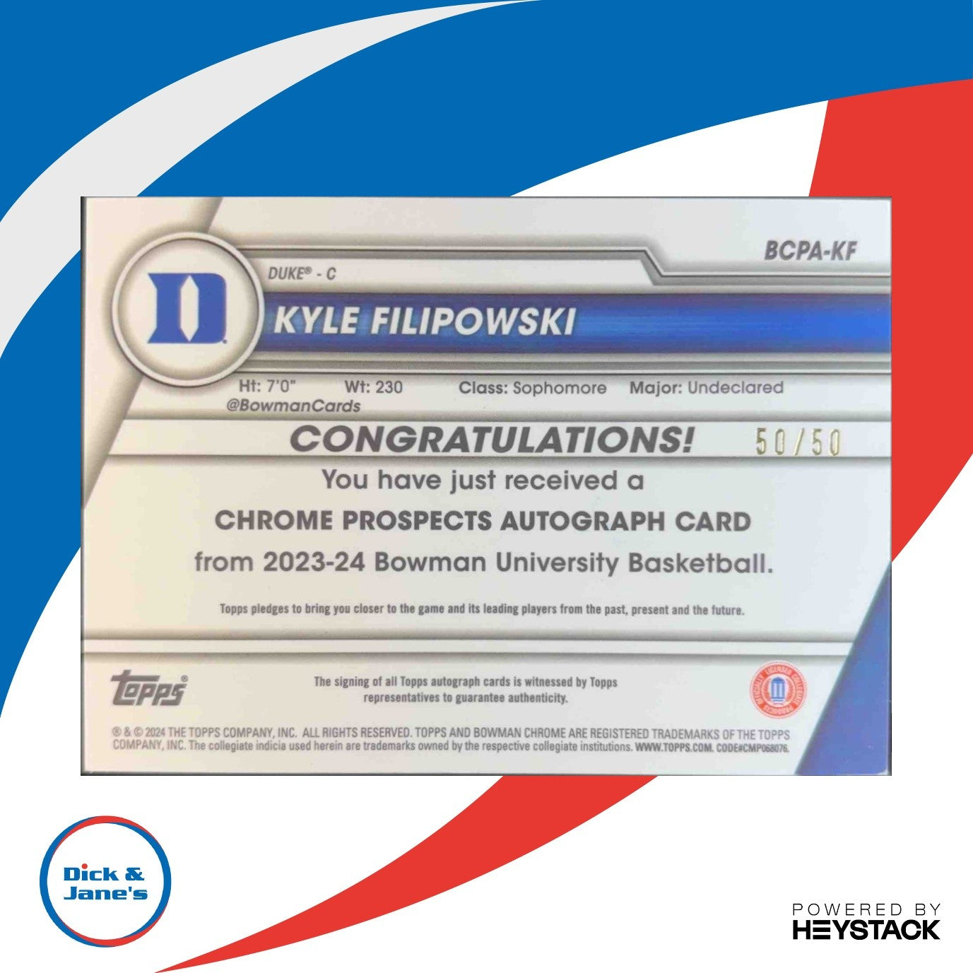 2023-24 Bowman University Chrome Kyle Filipowski Auto Gold Lava Refractor 50/50