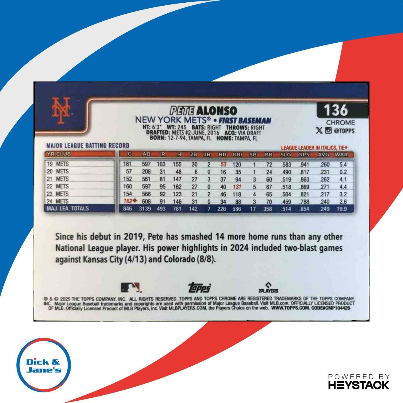 2025 Topps Chrome Pete Alonso Aqua /199 #136 New York Mets