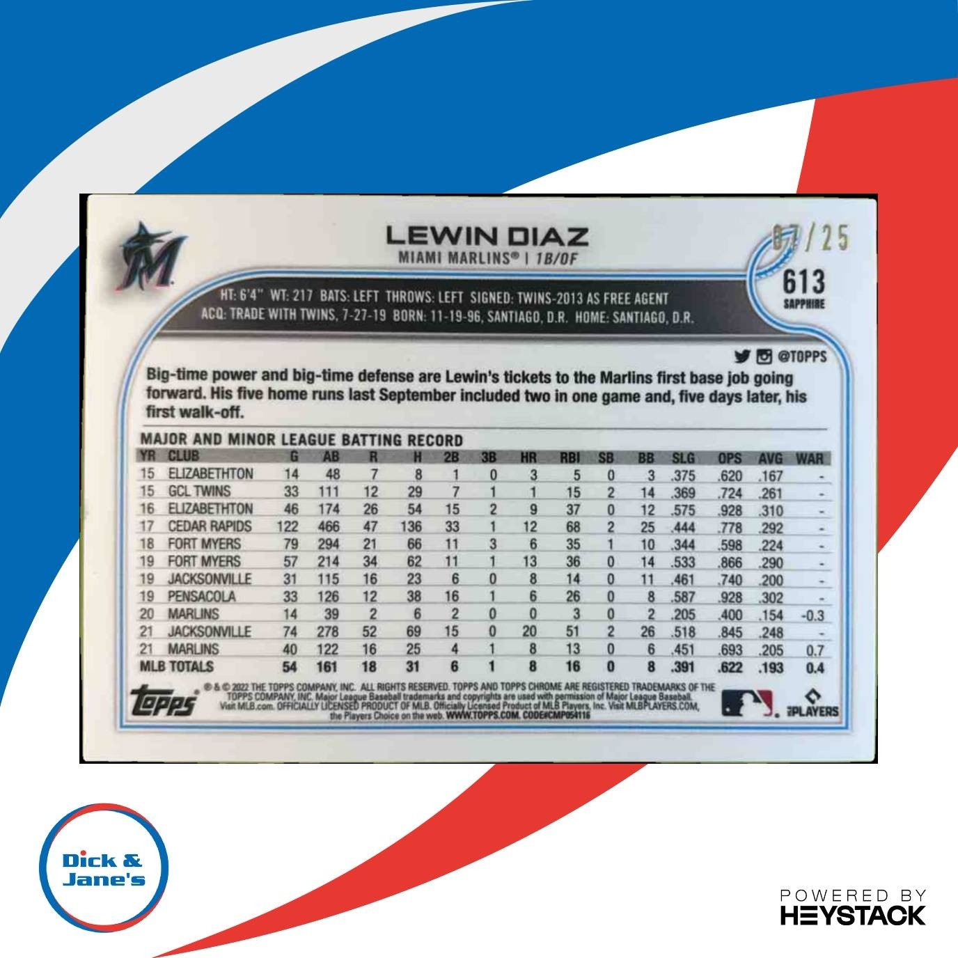 2022 Topps Chrome Sapphire Lewin Diaz Orange 1/25 #613 Miami Marlins