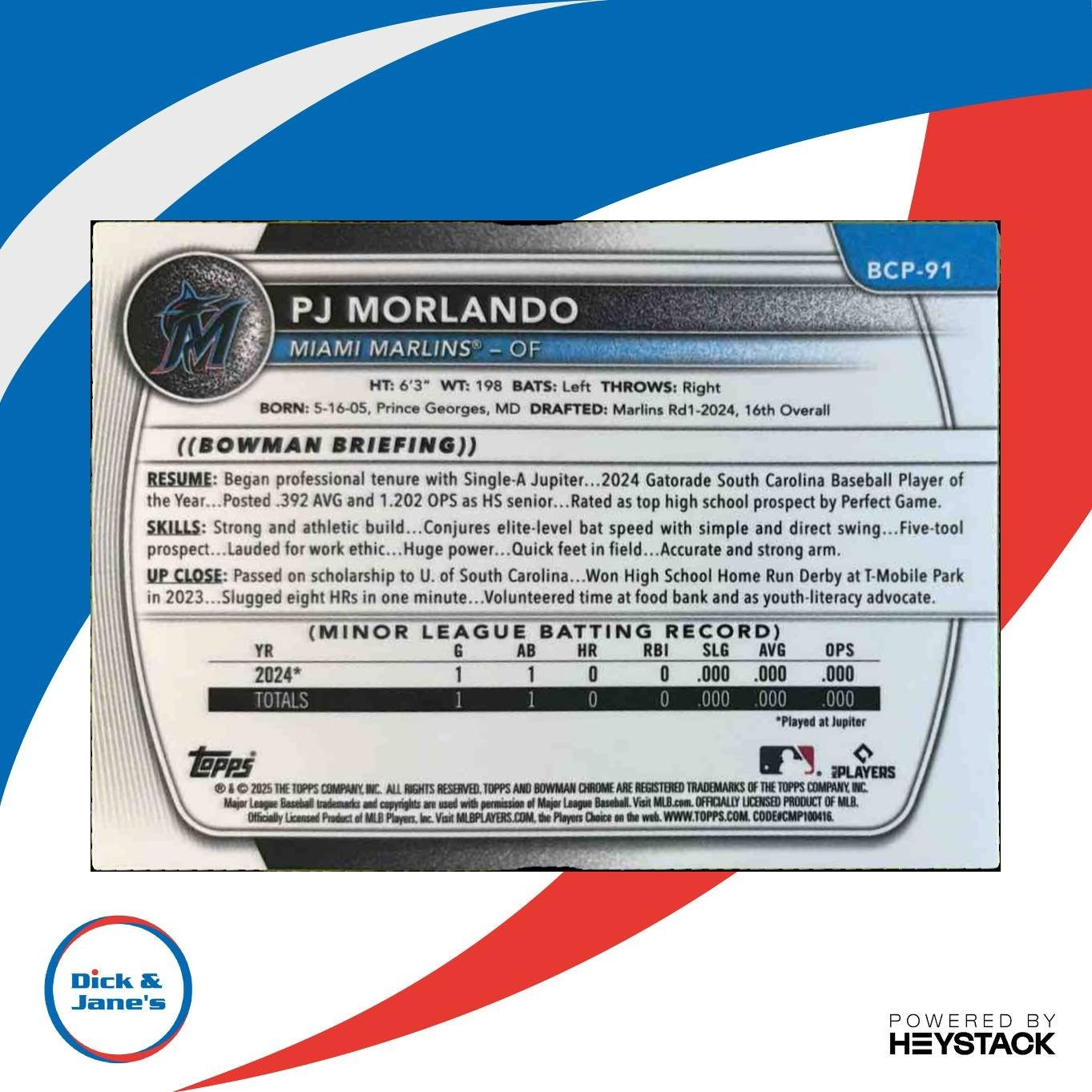 2025 Bowman PJ Morlando Chrome Yellow X-Fractor /75 1st Prospect Miami Marlins