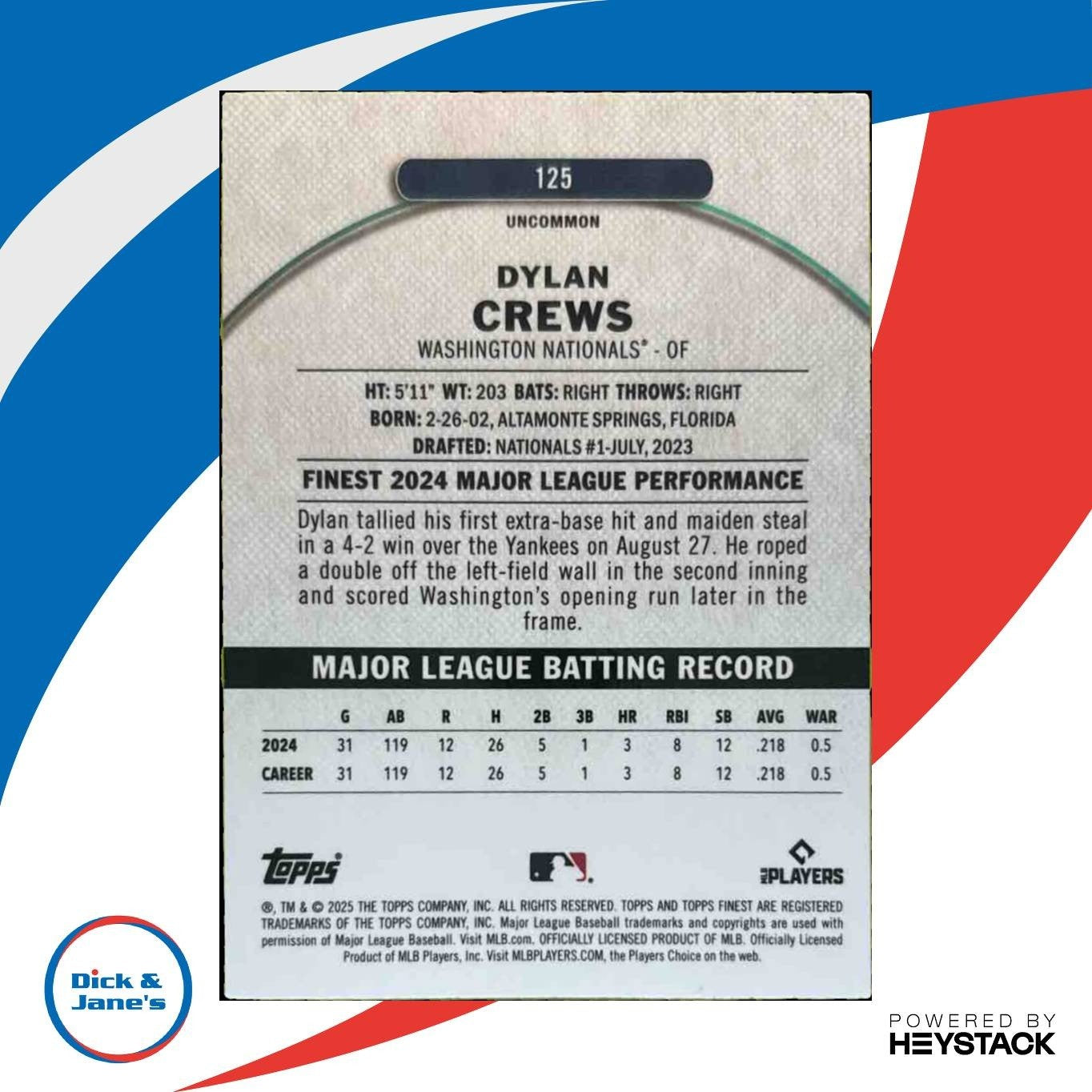 2025 Topps Finest Dylan Crews Sky Blue /250 #125 RC Washington Nationals