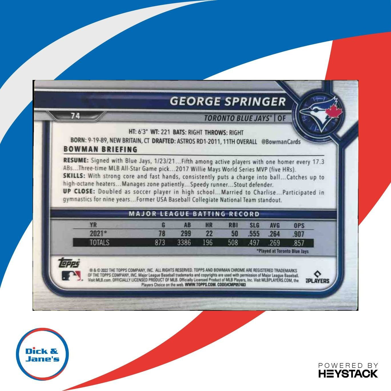 2022 Bowman Chrome Sapphire George Springer #74 Toronto Blue Jays