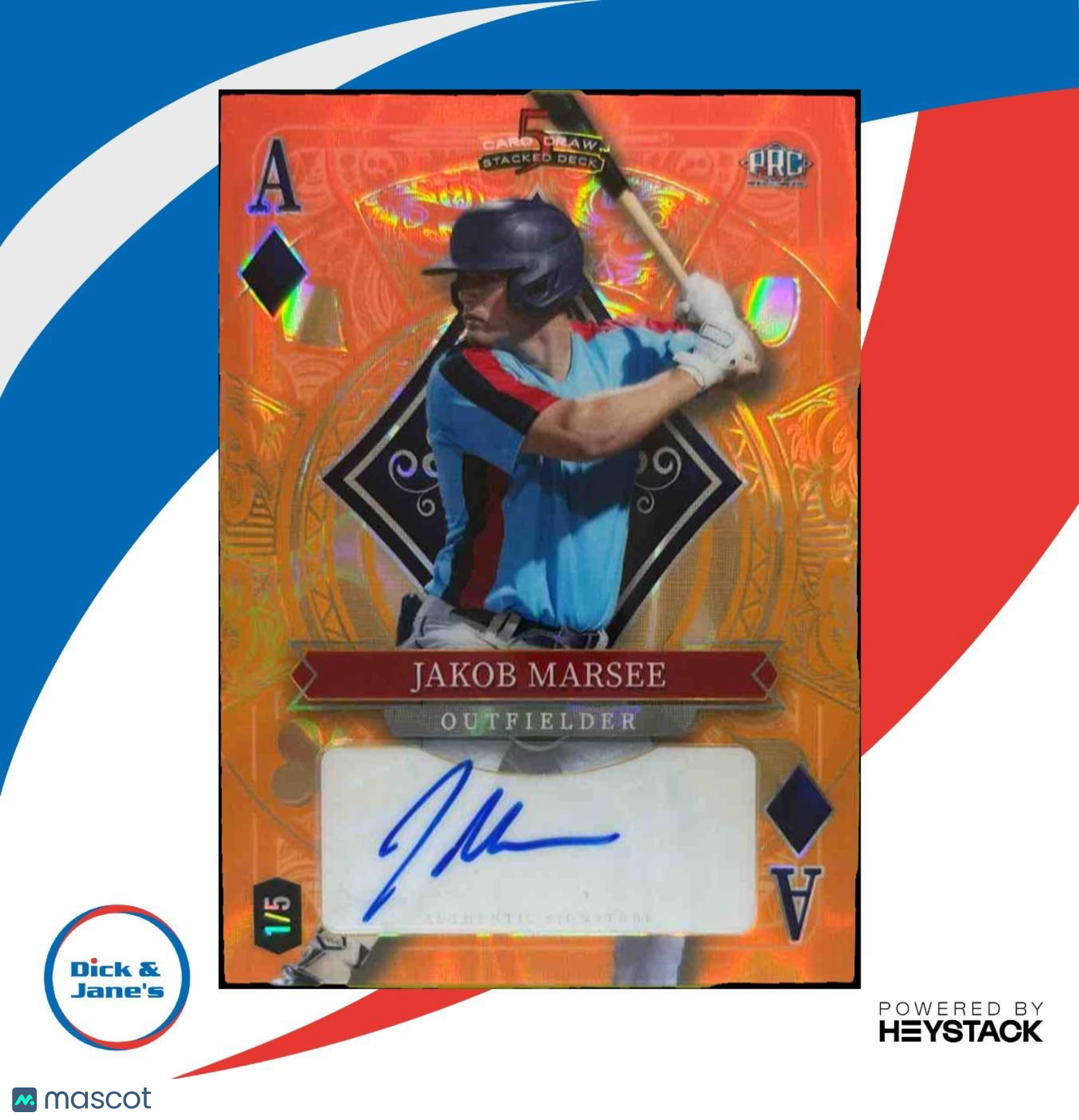 2024 5 Card Draw Stacked Deck Ace of Diamonds Jakob Marsee Auto Orange /5
