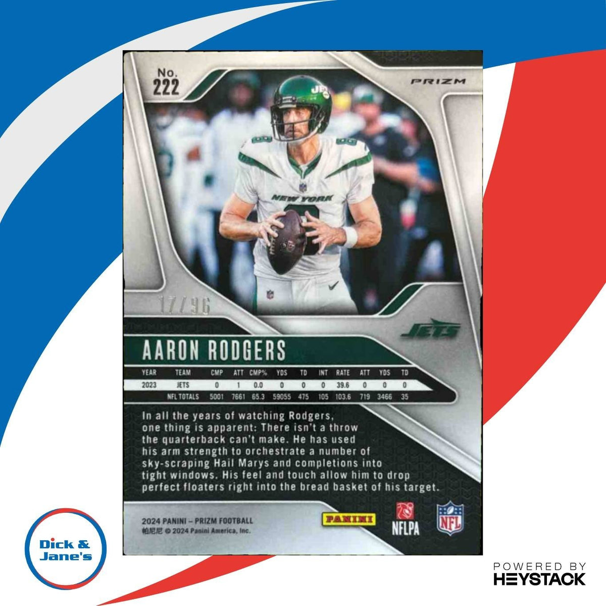 2024 Panini Prizm Aaron Rodgers Blue Sparkle 17/96 #222 New York Jets