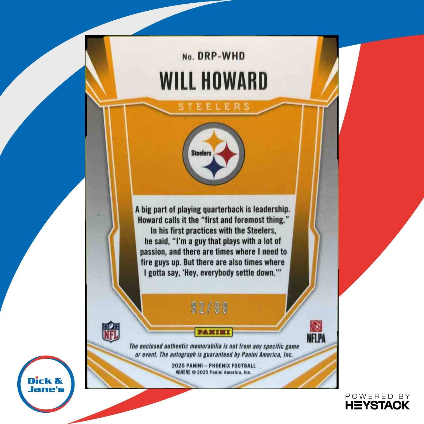 2025 Panini Phoenix Will Howard RPS Dual Patch Auto Red /99 RC Steelers