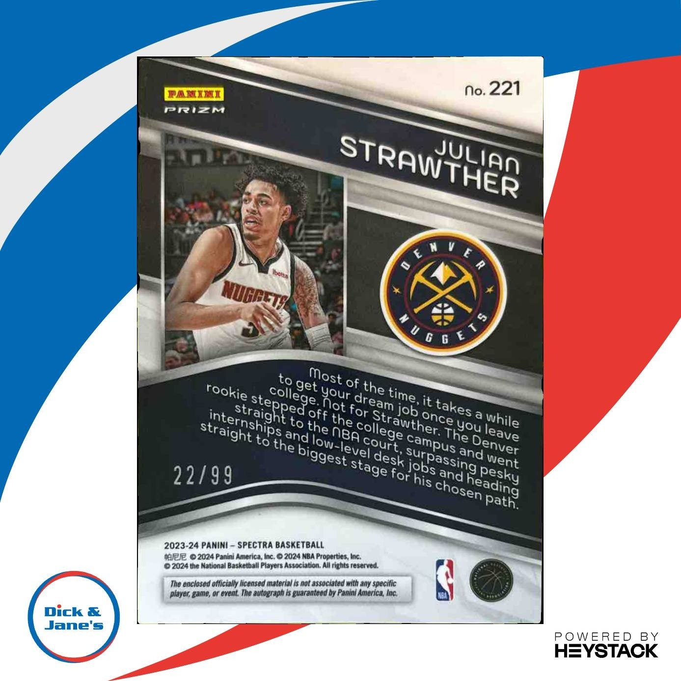 2023-24 Panini Spectra Julian Strawther 22/99 #221 RC MEM Auto Denver Nuggets