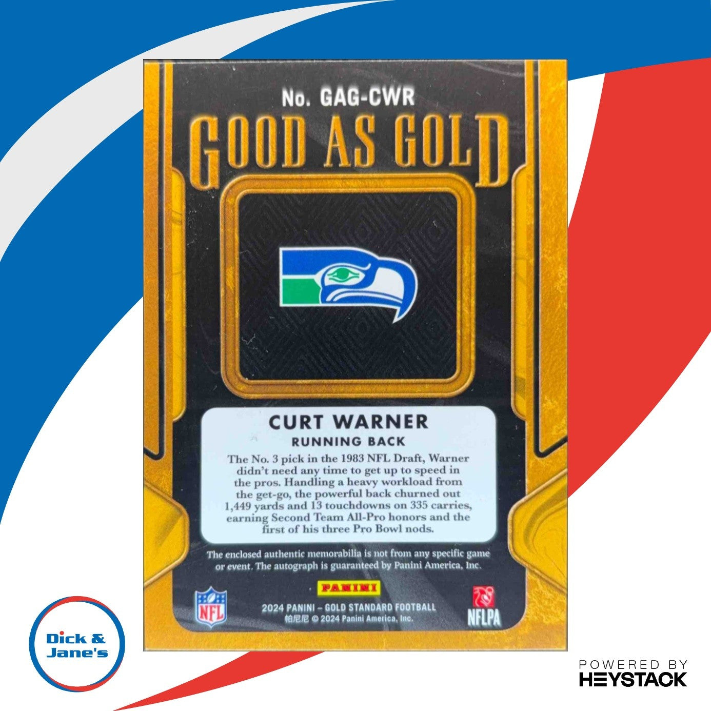 2024 Gold Standard Curt Warner Good as Gold White 29/49 MEM Auto Seahawks