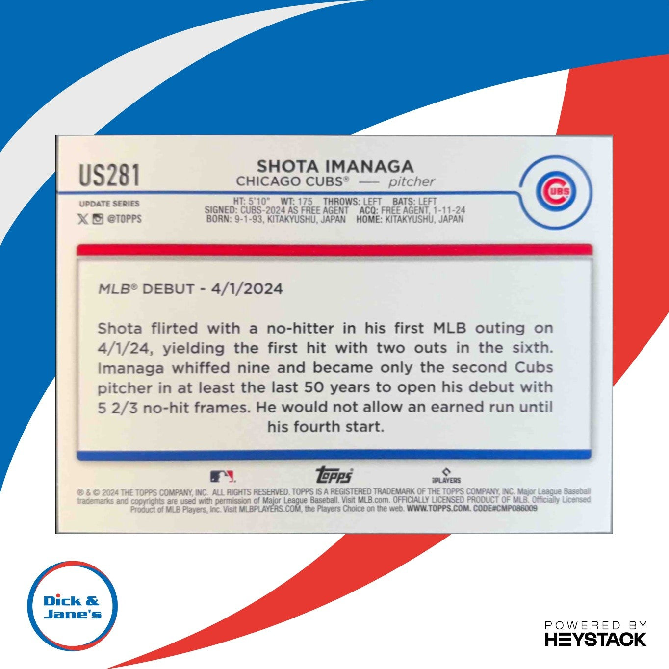 2024 Topps Update Shota Imanaga #US281 RC Chicago Cubs