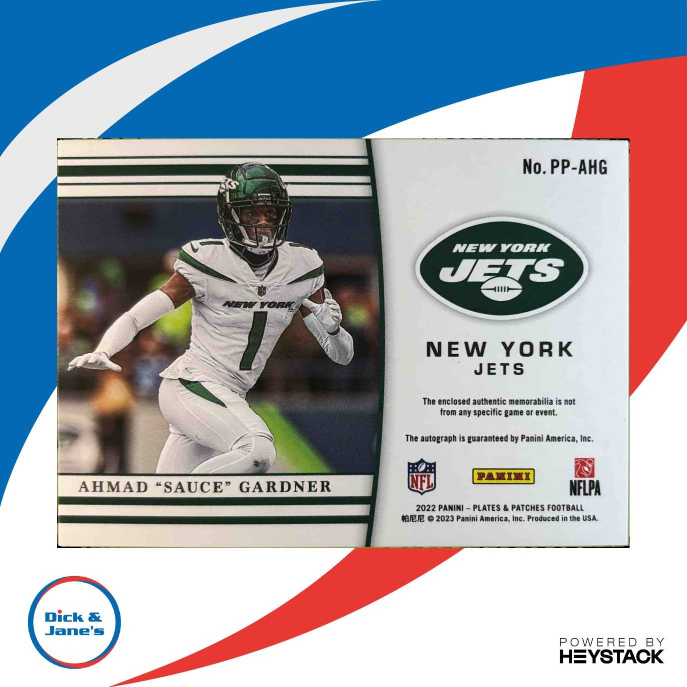 2022 Chronicles Ahmad "Sauce" Gardner Plates and Patches Rookie Auto /99 Jets
