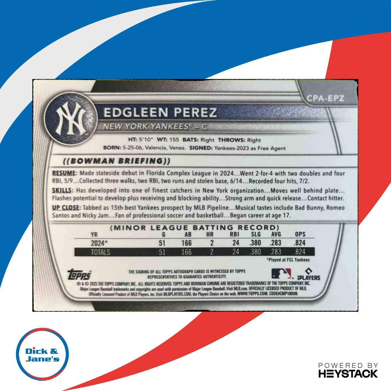 2025 Bowman Edgleen Perez Chrome Auto Green Lava /99 1st Prospect Yankees