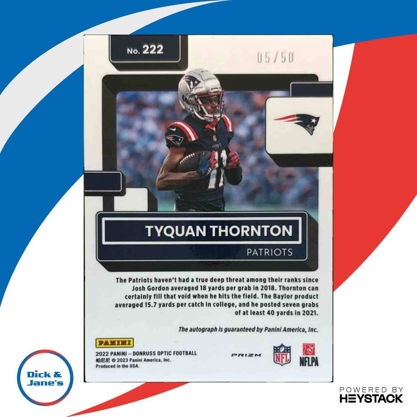 2022 Donruss Optic Tyquan Thornton Rookie Auto /50 #222 RC New England Patriots