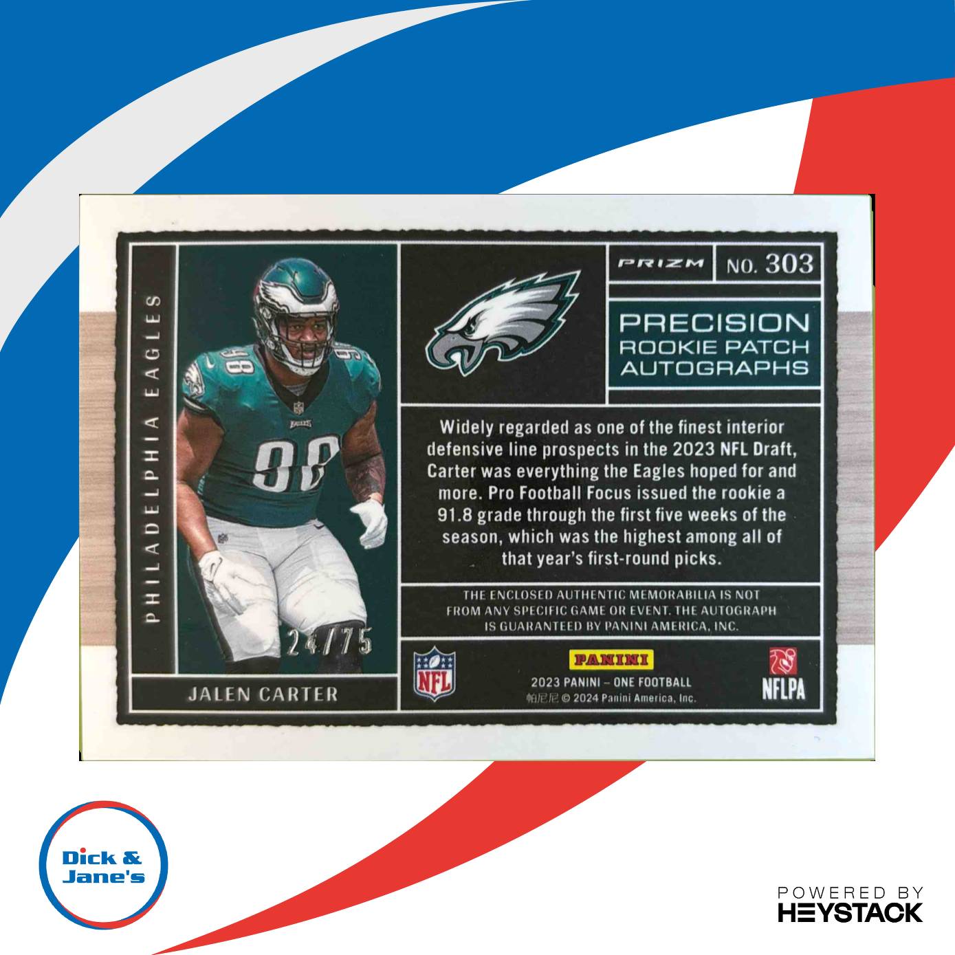 2023 Panini One Jalen Carter Blue /75 #303 Precision Rookie Patch Auto Eagles