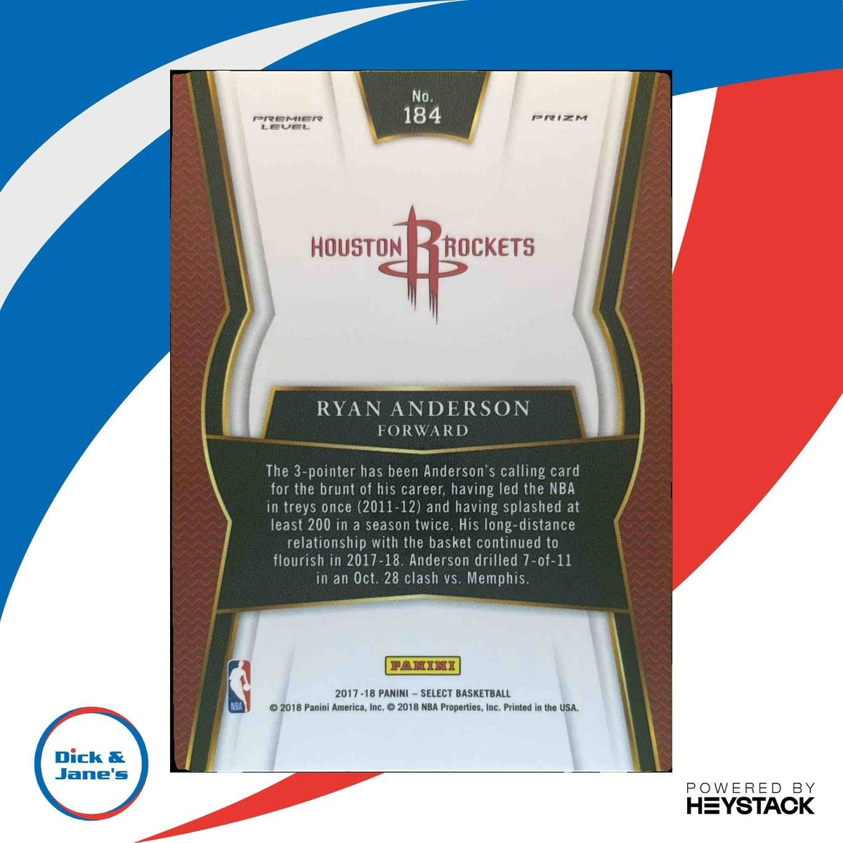 2017-18 Panini Select Ryan Anderson Zebra Prizms #184 Houston Rockets
