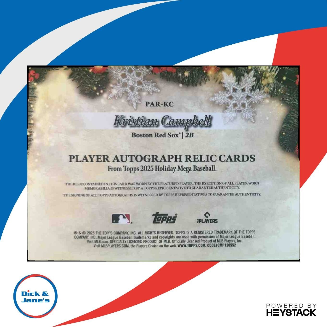 2025 Topps Holiday Kristian Campbell Player Auto Relic /25 MEM RC Boston Red Sox
