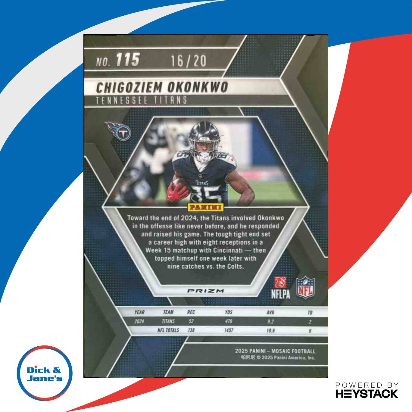 2025 Mosaic Chigoziem Okonkwo Choice Cherry Blossom Prizm /20 Tennessee Titans
