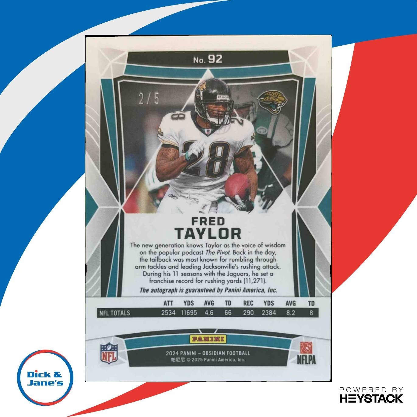 2024 Panini Obsidian Fred Taylor Signatures Green /5 Auto Jacksonville Jaguars