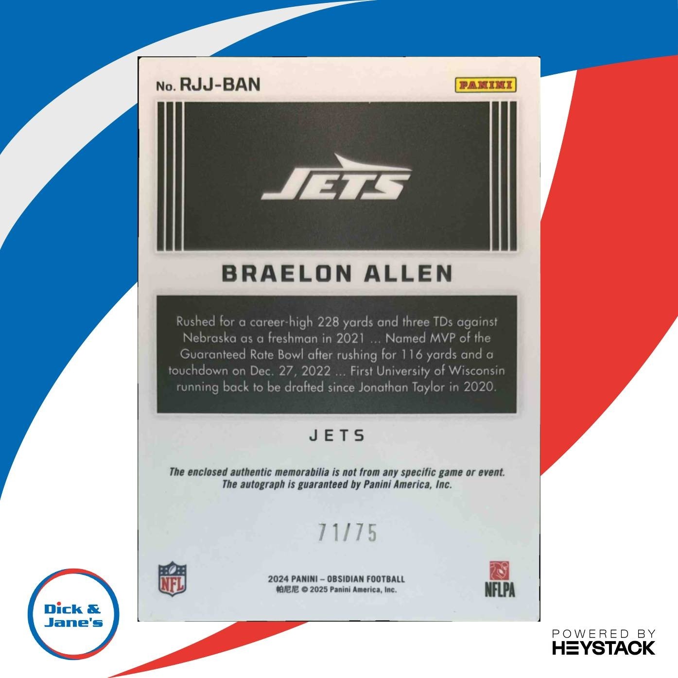 2024 Panini Obsidian Braelon Allen Rookie Jumbo Jersey Auto Red /75 RC Jets