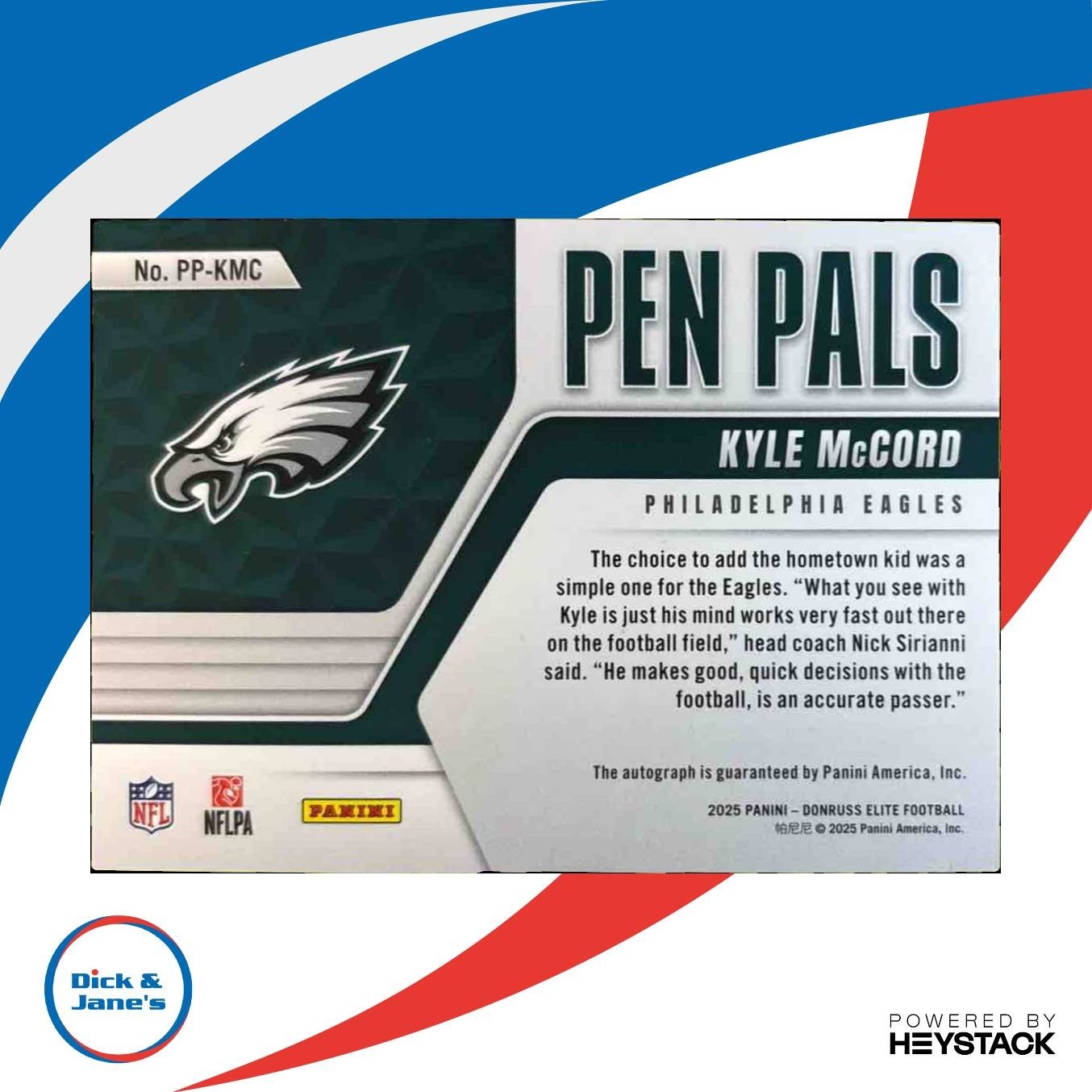 2025 Donruss Elite Kyle McCord Pen Pals Horizontal Auto Philadelphia Eagles