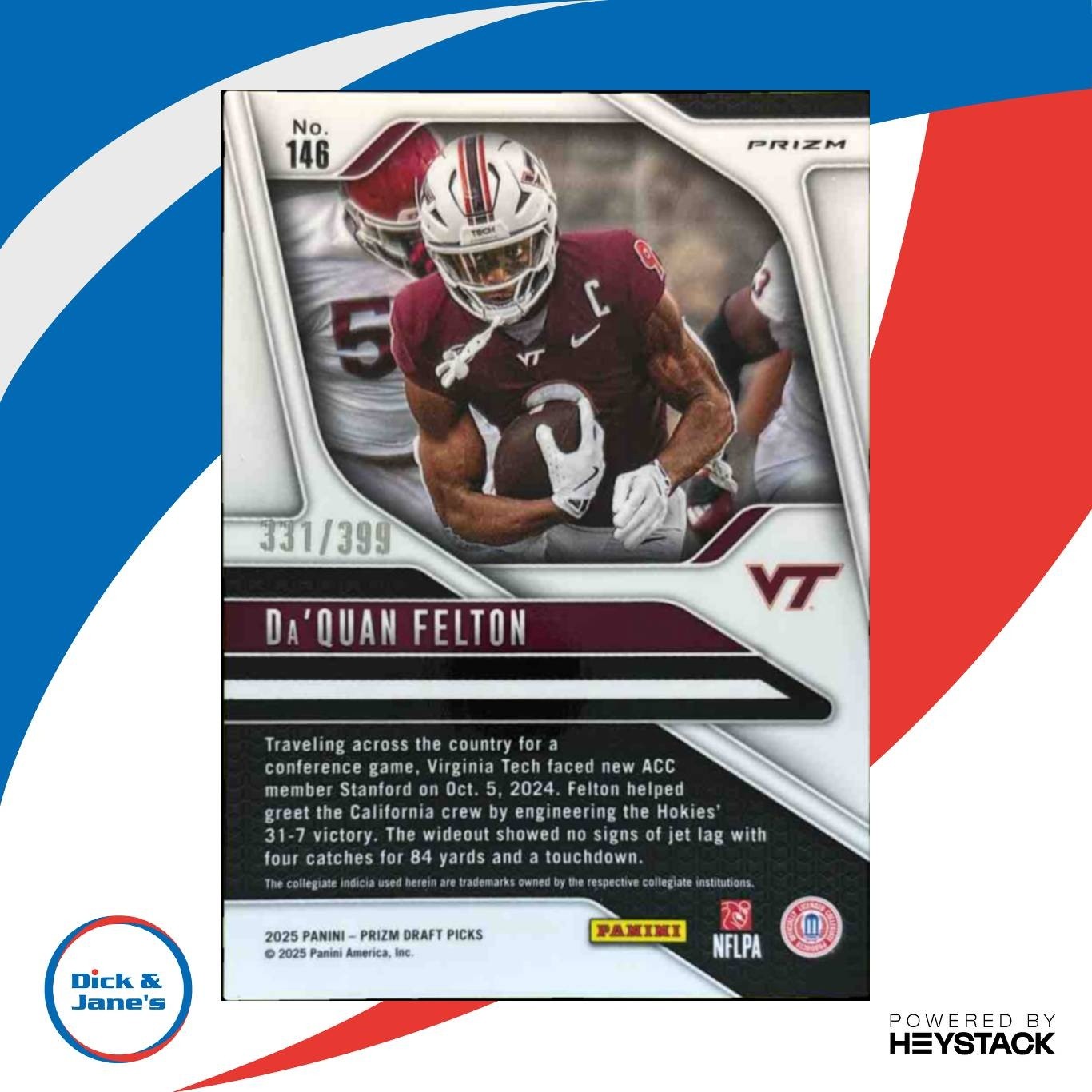 2025 Panini Prizm Draft Picks Da'Quan Felton Red /399 #146 Virginia Tech Hokies