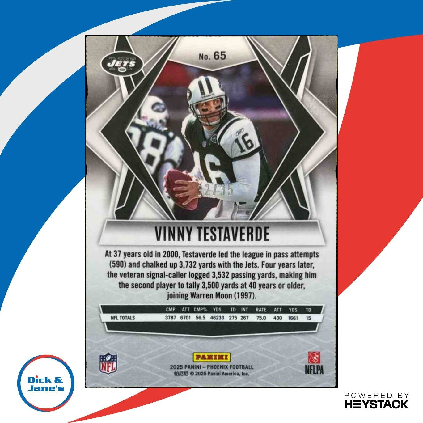 2025 Panini Phoenix Vinny Testaverde Blue Seismic 2/35 #65 New York Jets