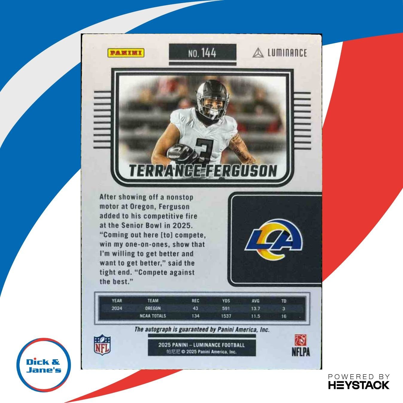 2025 Panini Luminance Terrance Ferguson Auto /700 #144 RC Los Angeles Rams