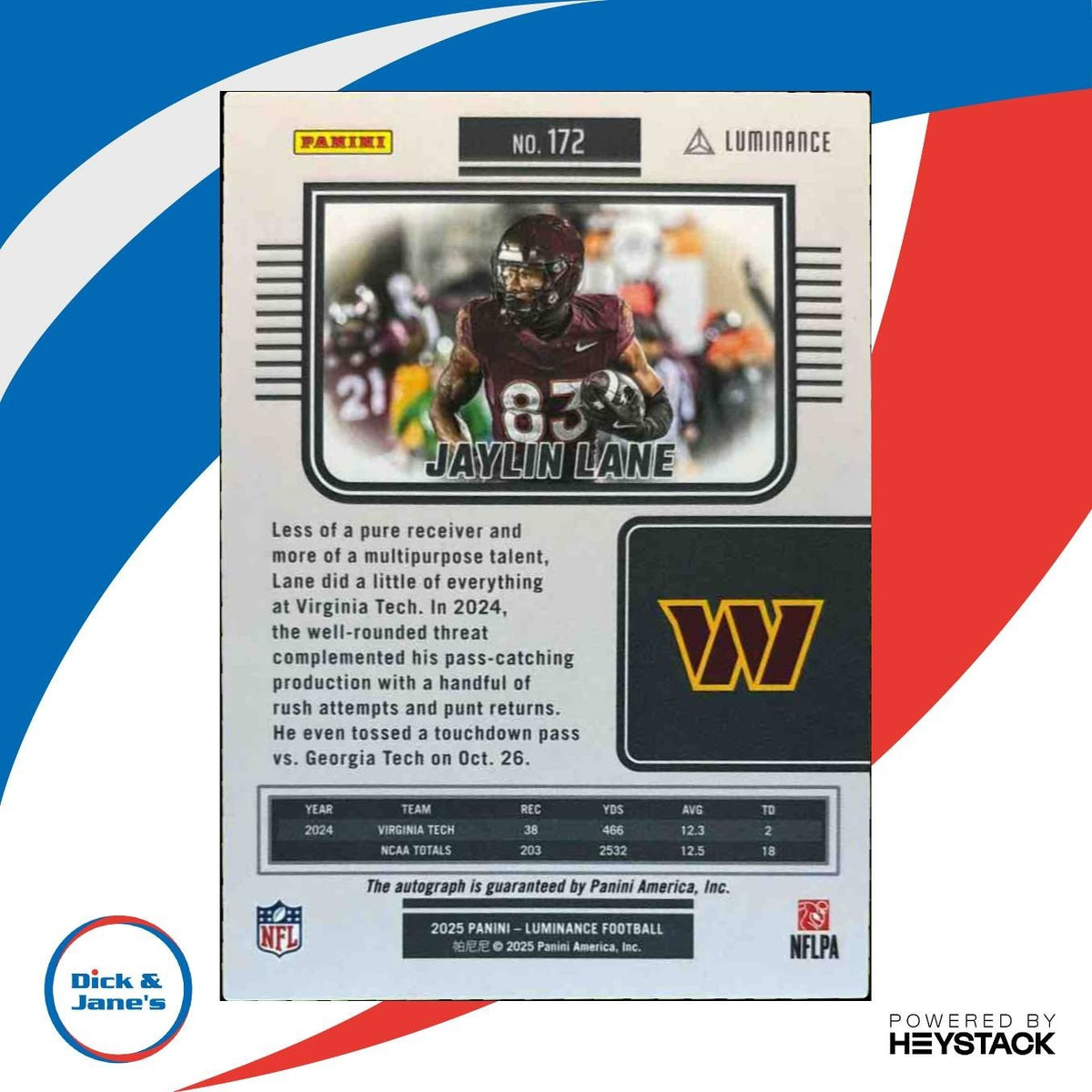 2025 Panini Luminance Jaylin Lane Auto /700 #172 RC Washington Commanders