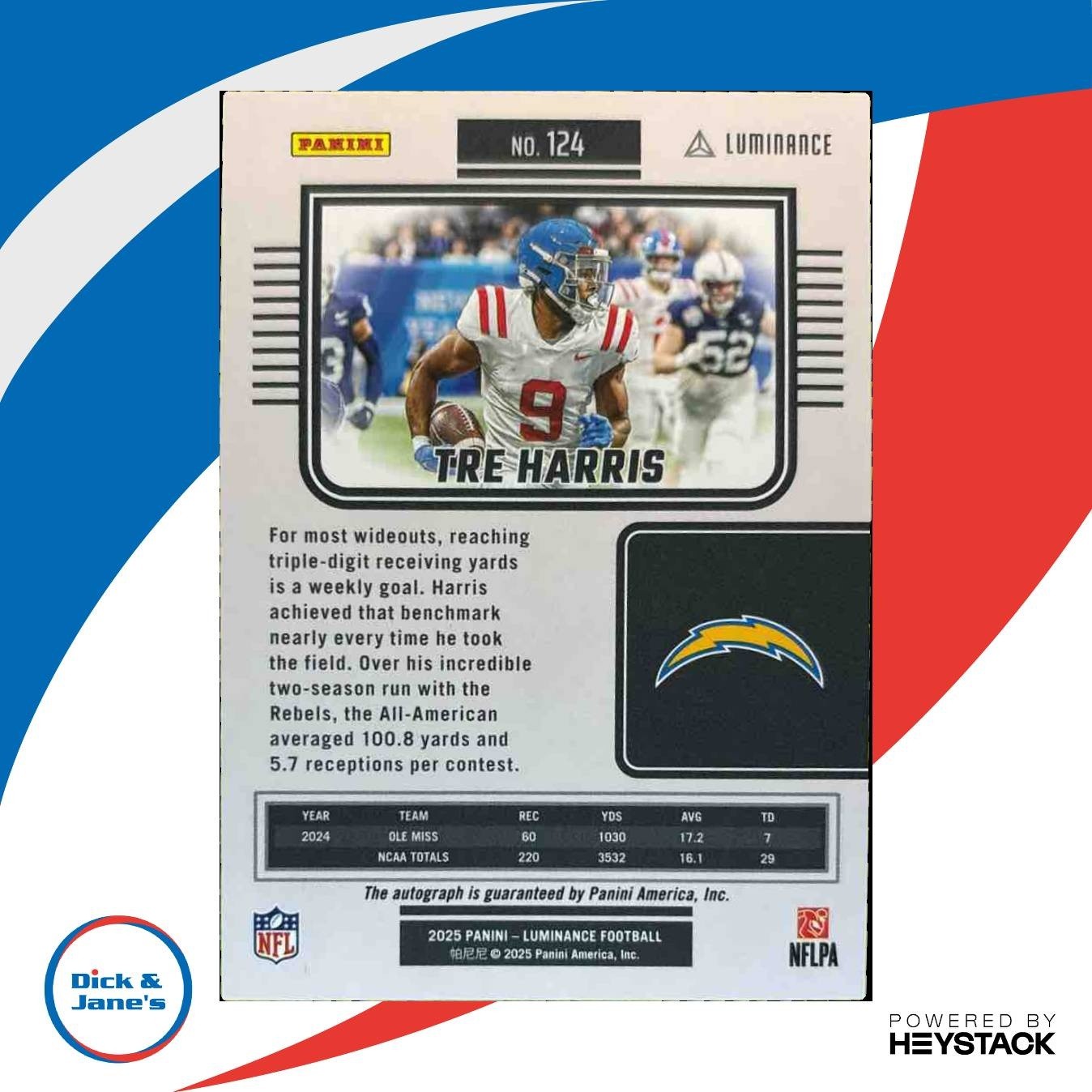 2025 Panini Luminance Tre Harris Auto /700 #124 RC Los Angeles Chargers