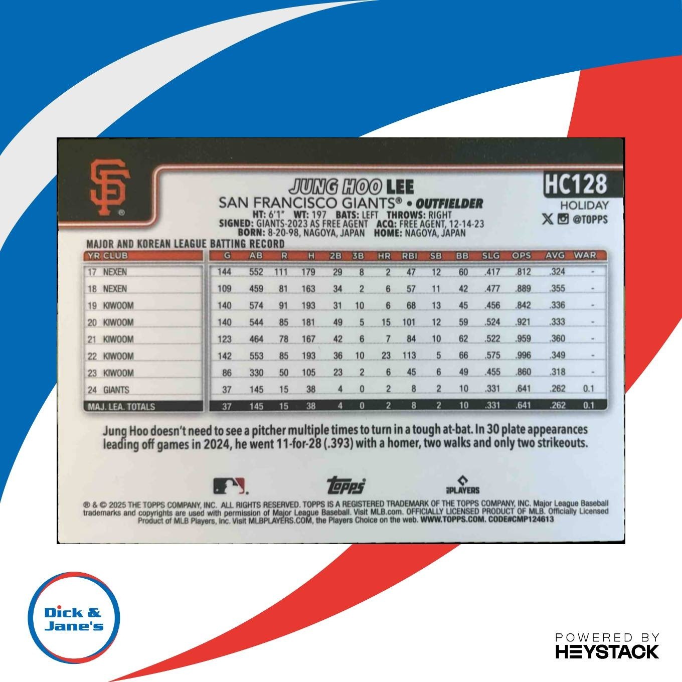 2025 Topps Holiday Jung Hoo Lee Chrome Purple /299 #HC128 San Francisco Giants