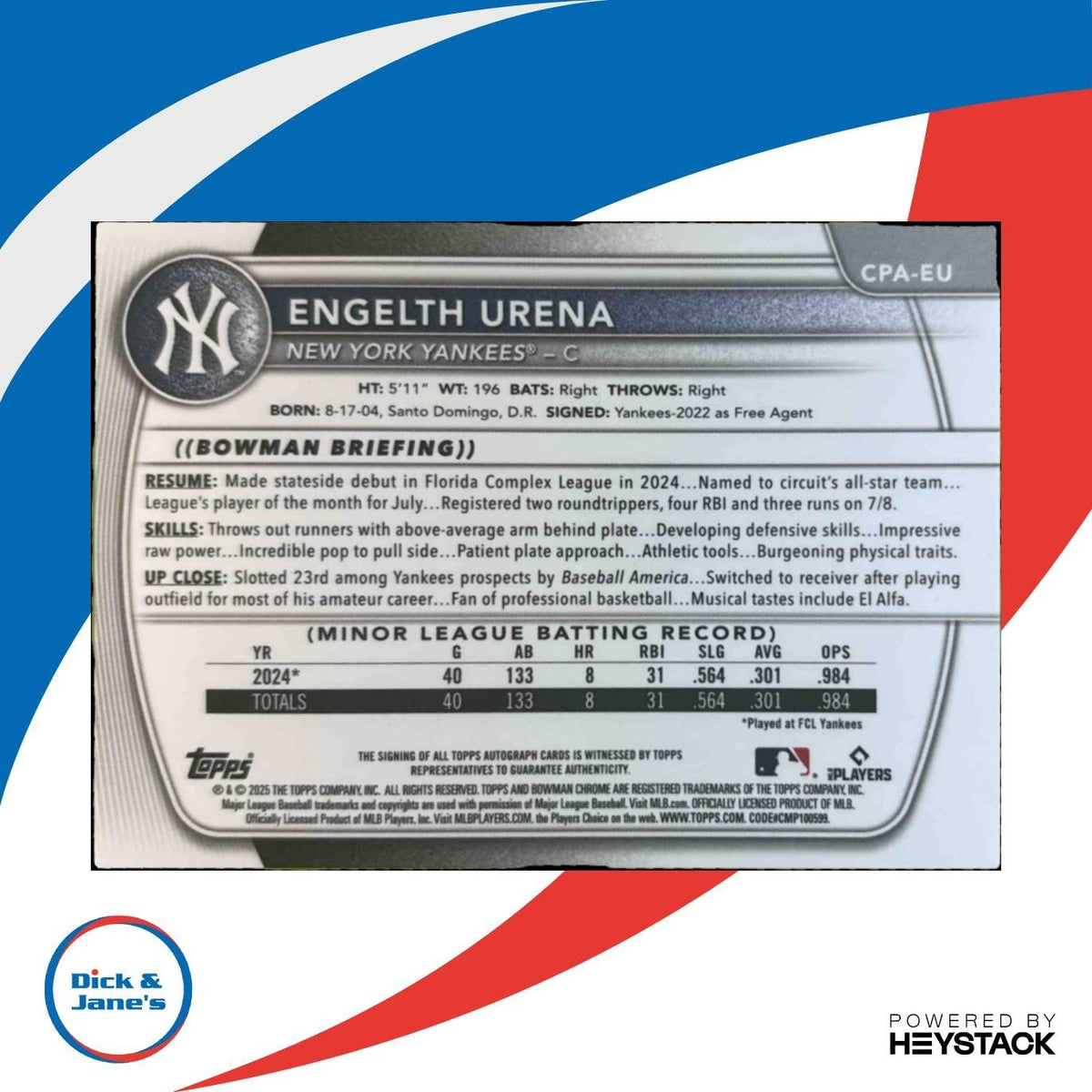 2025 Bowman Engelth Urena Chrome Auto #CPA-EU 1st Prospect New York Yankees