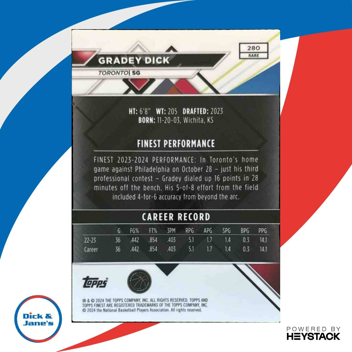 2023-24 Topps Finest Gradey Dick Red Refractor 4/5 #280 RC Rare Toronto Raptors