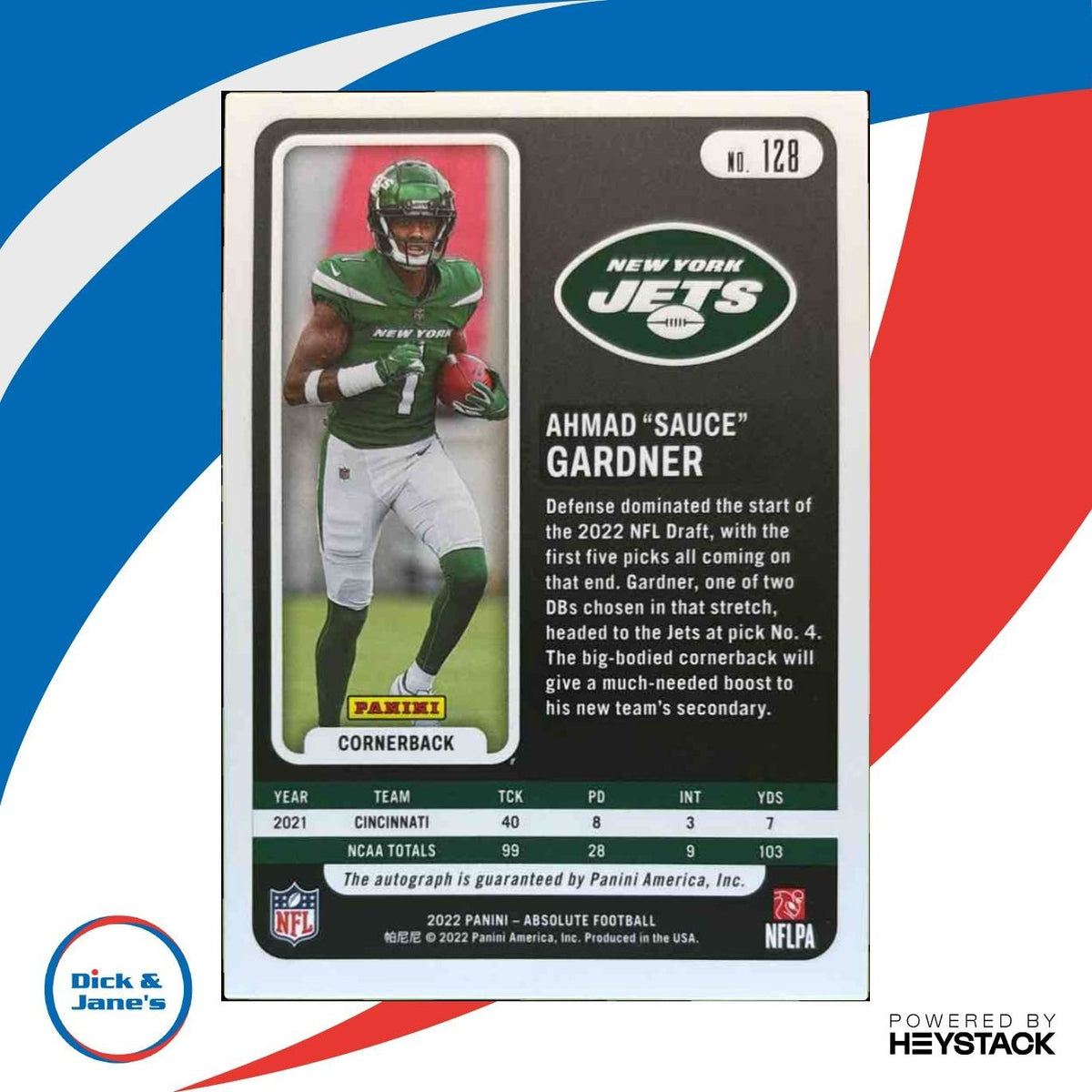 2022 Absolute Ahmad "Sauce" Gardner Signature Rookies Red /50 #128 Auto RC Jets