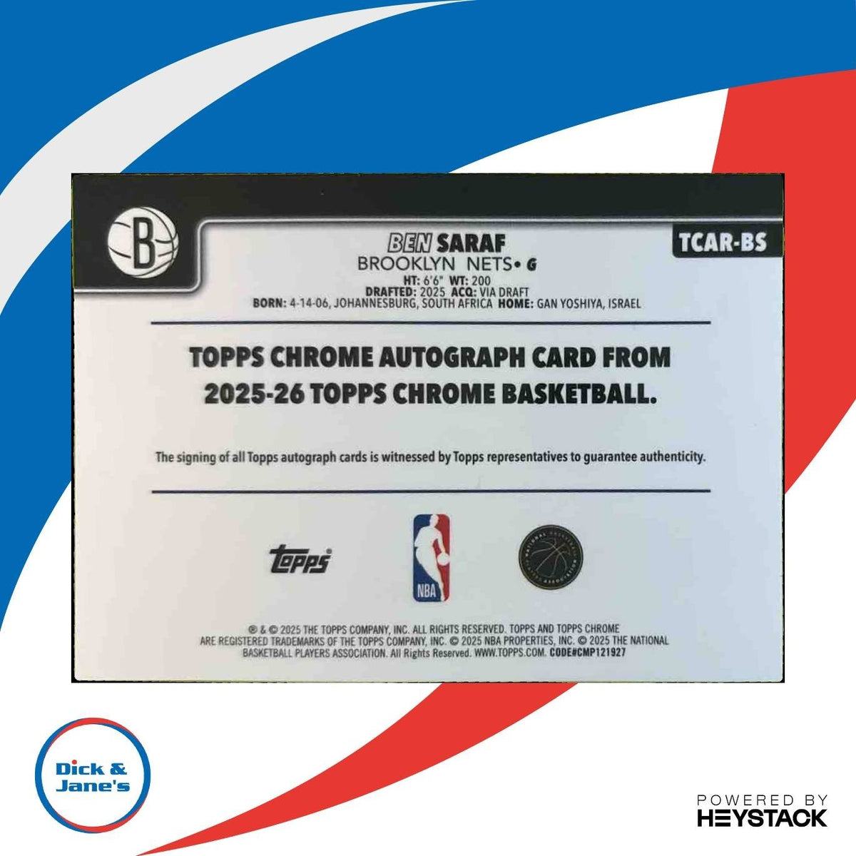 2025-26 Topps Chrome Ben Saraf Rookie Auto RC Brooklyn Nets
