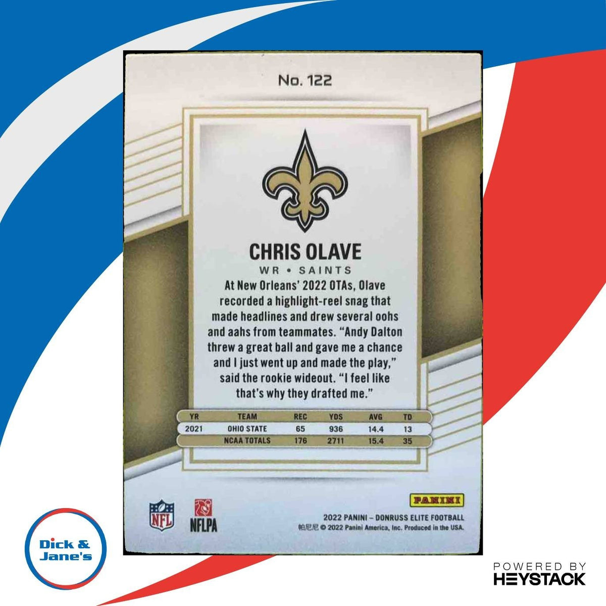 2022 Panini Donruss Elite Chris Olave Red 217/399 #122 RC New Orleans Saints