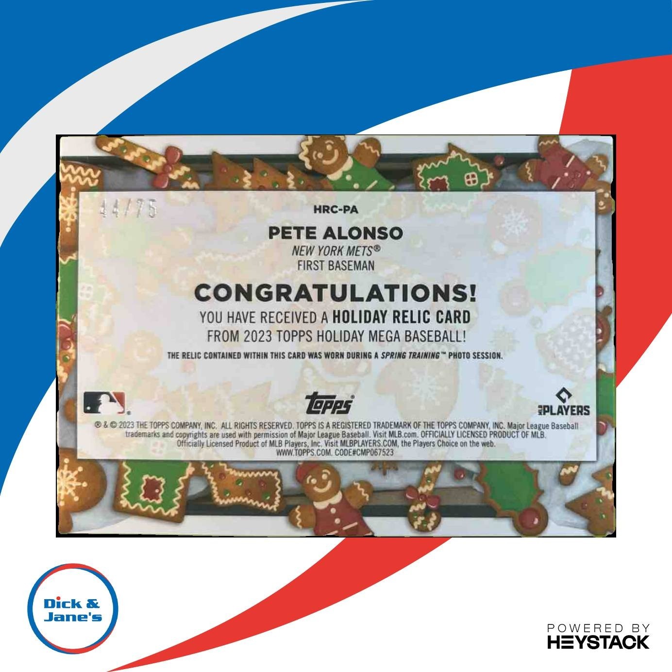 2023 Topps Holiday Pete Alonso Relics 44/75 #HRC-PA MEM New York Mets