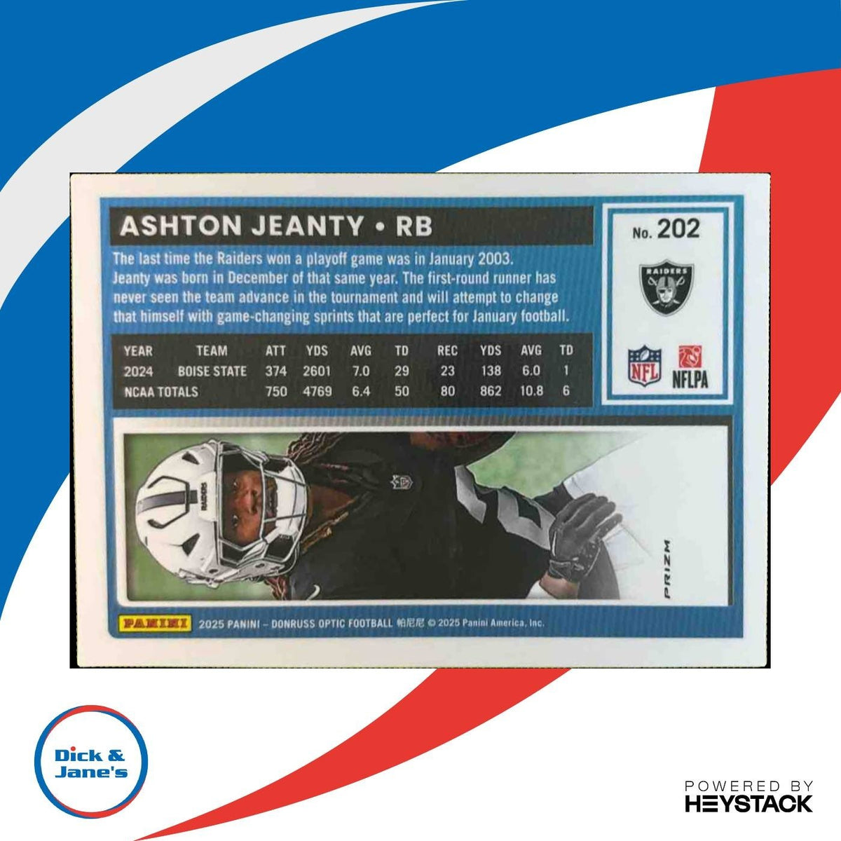 2025 Donruss Optic Ashton Jeanty Purple Shock Prizm #202 Las Vegas Raiders