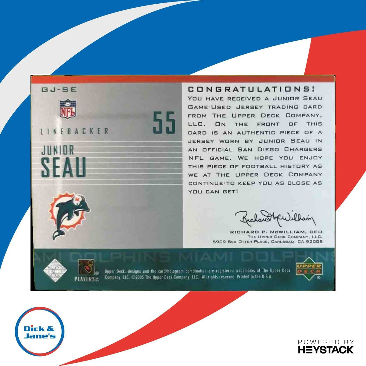 2003 Upper Deck Junior Seau UD Game Jerseys #GJ-SE Miami Dolphins