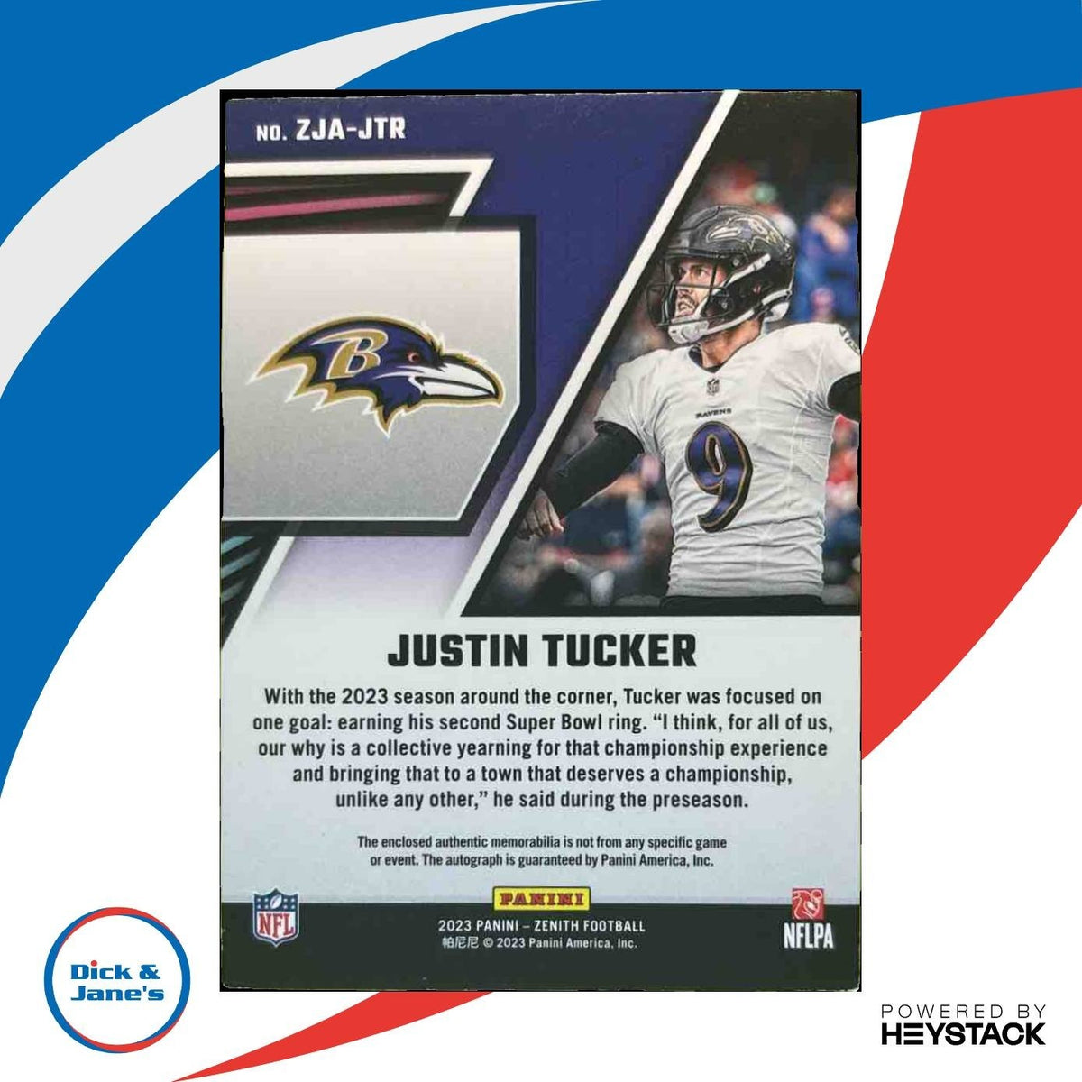2023 Panini Zenith Justin Tucker Z Jersey Auto /149 MEM Baltimore Ravens