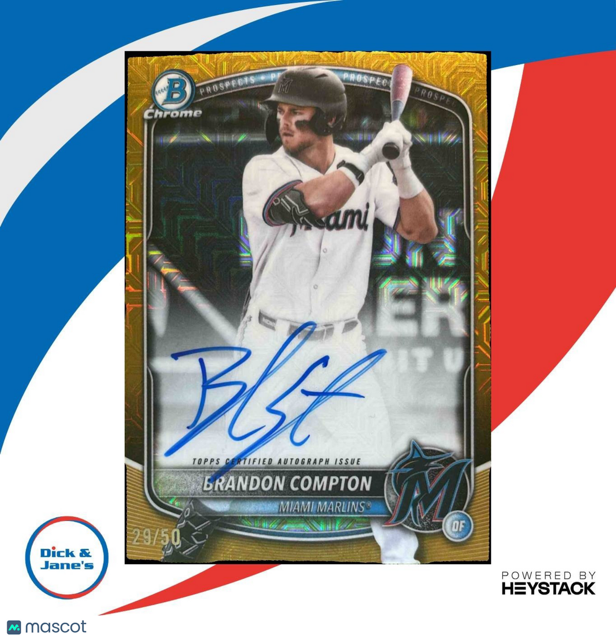 2025 Bowman Draft Brandon Compton Chrome Auto Gold Mojo /50 1st Prospect Marlins