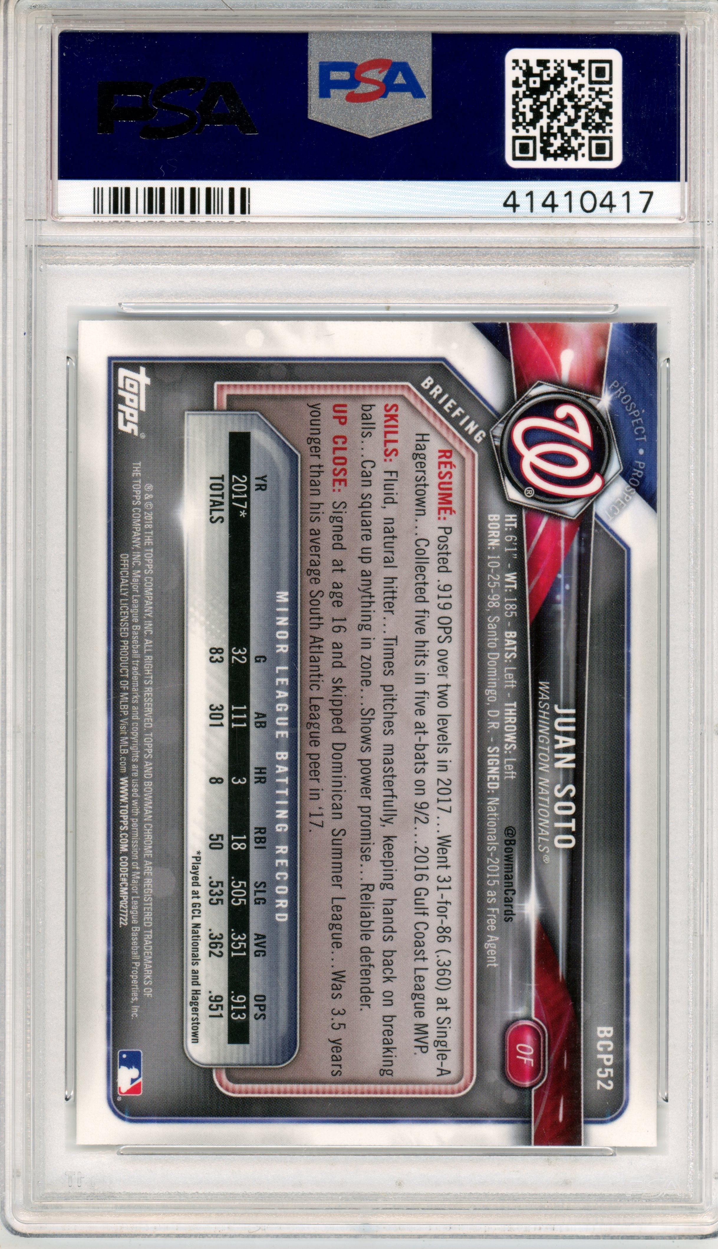 2018 Bowman Mega Box Chrome Juan Soto #BCP52 PSA 9 MINT Washington Nationals