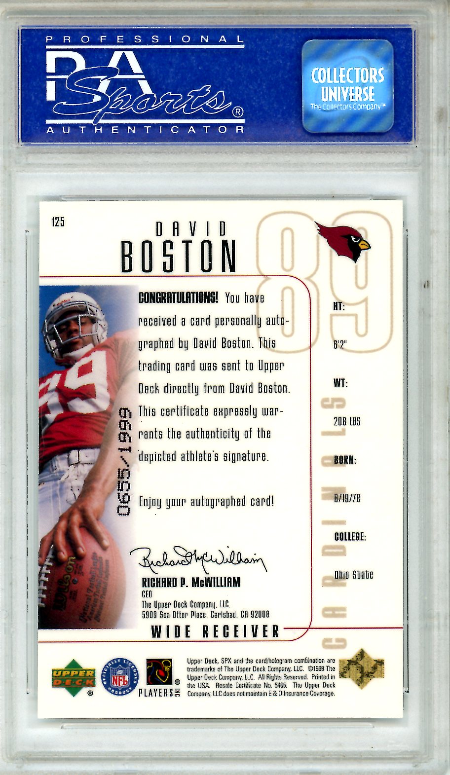 1999 SPX David Boston Autographed Rookie #125 PSA 10 GEM MINT Arizona Cardinals