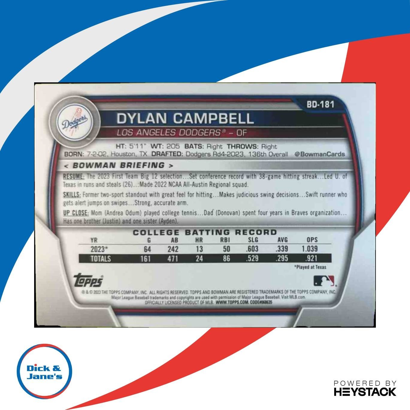2023 Bowman Draft Dylan Campbell Orange 1/25 #BD-181 1st Prospect Dodgers