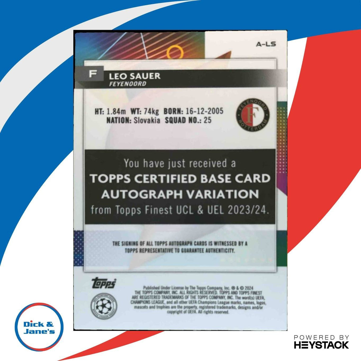 2023-24 Topps Finest UEFA Club Competitions Leo Sauer Auto #A-LS RC Feyenoord