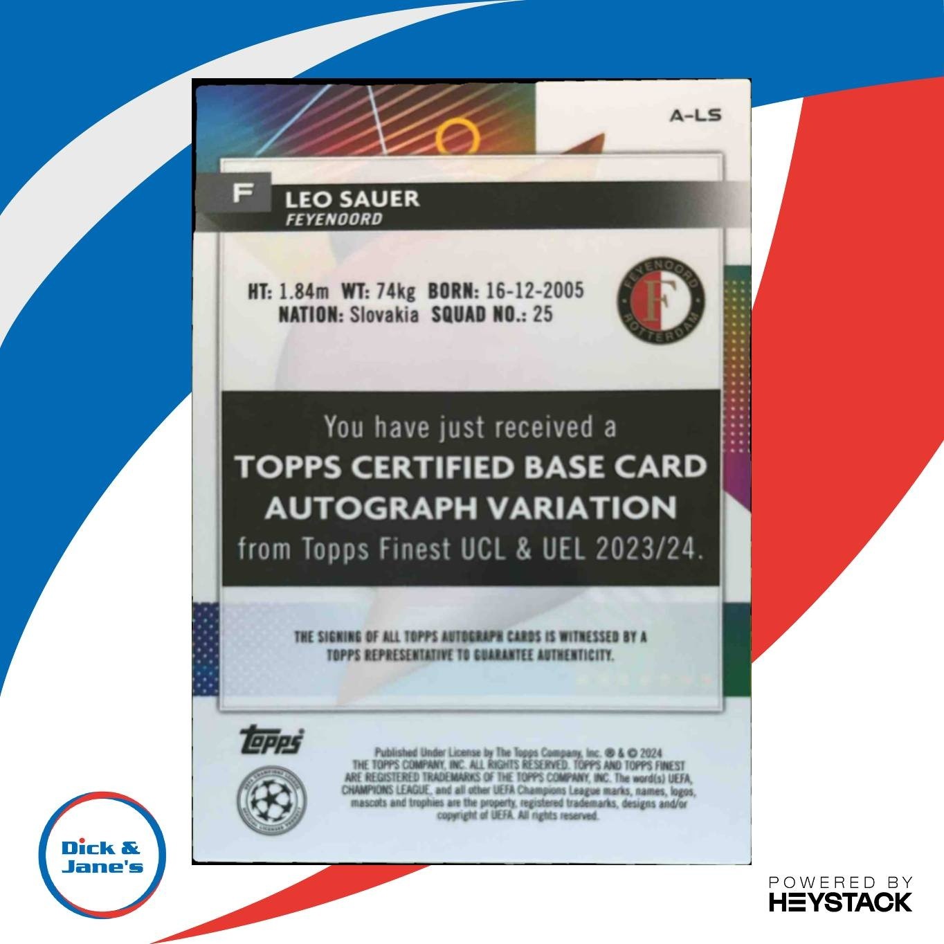 2023-24 Topps Finest UEFA Club Competitions Leo Sauer Auto #A-LS RC Feyenoord