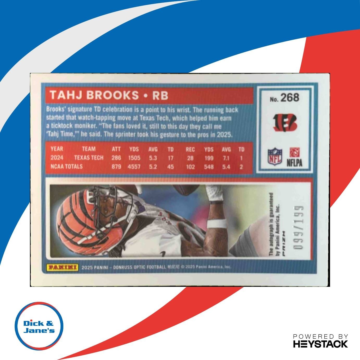 2025 Donruss Optic Tahj Brooks Auto Holo Prizm 99/199 #268 Cincinnati Bengals